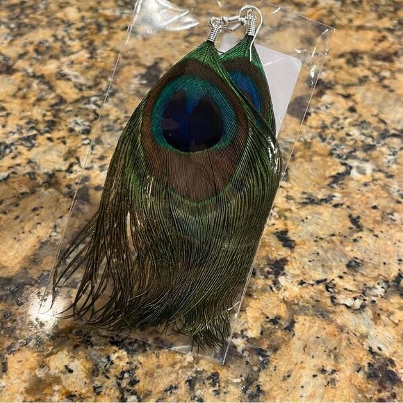 Large Peacock Feather Earrings Blue Green - Picture 3 of 5